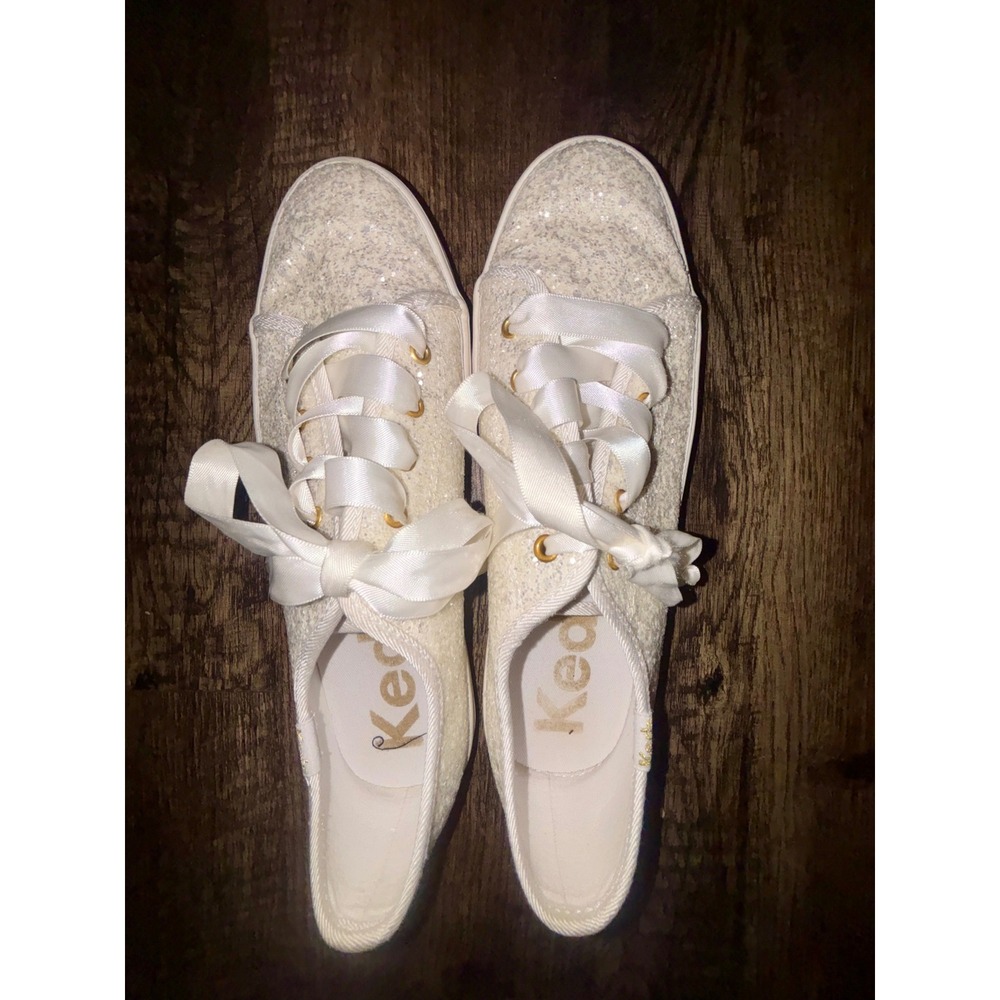 Keds x Kate Spade Cream Glitter Platform Sneakers Satin Ribbon Laces Womens 7.5